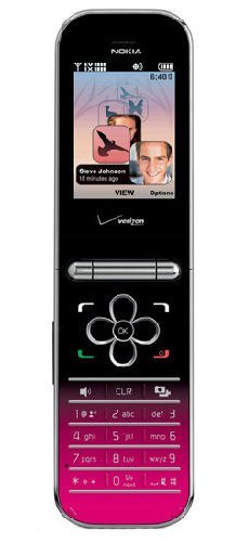 Nokia Intrigue front view, displaying color screen with photo gallery interface, directional pad, and pink numeric keypad