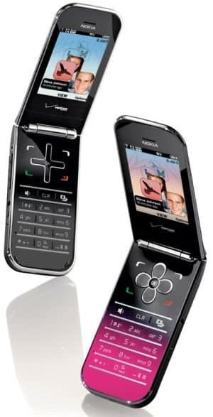 Nokia Intrigue flip phones, front and open views, with displays showing images and game controls visible on keypads