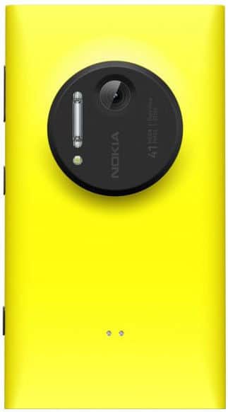 Nokia Lumia 1020 rear view, yellow body with black circular camera module and flash