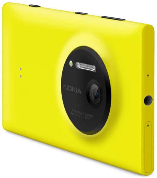 Nokia Lumia 1020 rear view, bright yellow phone with large circular black camera module and flash