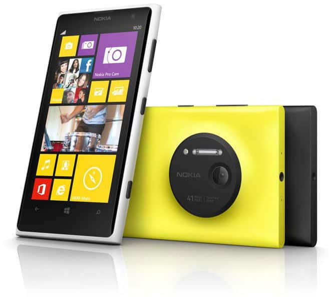 Nokia Lumia 1020 front and rear views showing Windows Phone home screen and large rear camera lens in yellow and white color options