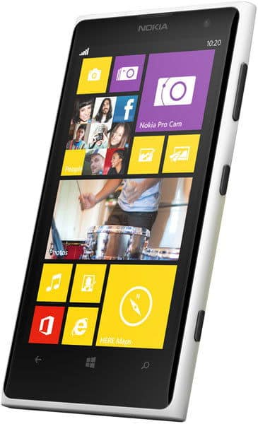 Nokia Lumia 1020 smartphone shown from front, displaying Windows Phone home screen with colorful app tiles and camera app highlighted
