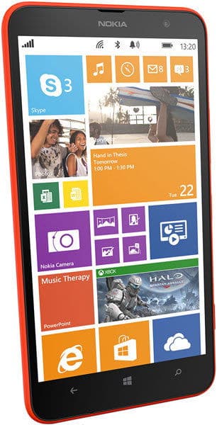 Nokia Lumia 1320 front view, red smartphone displaying colorful tile interface with Skype, music, camera, and other app icons on screen