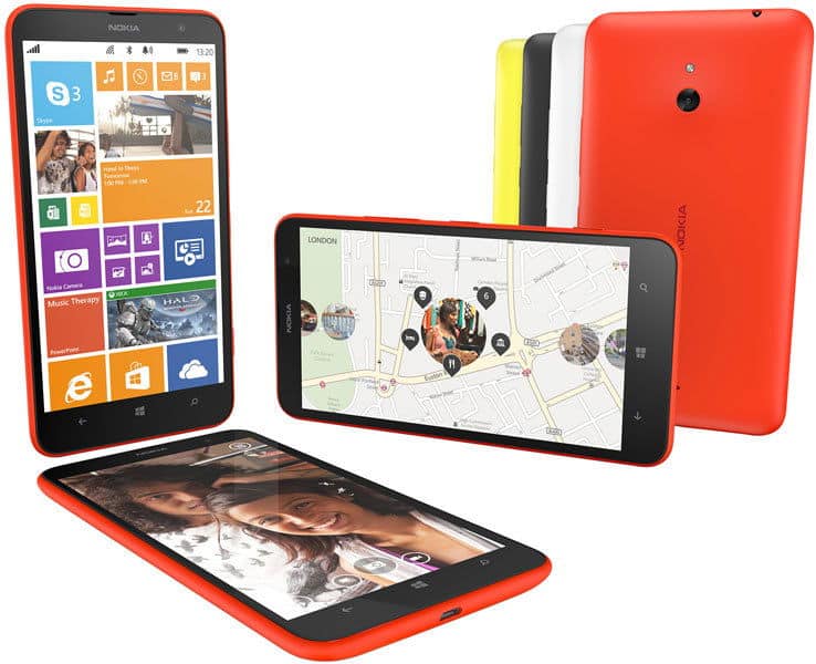 Nokia Lumia 1320 smartphone displayed from multiple angles showing colorful tile interface, map screen, and rear in red with yellow, black, and white color options