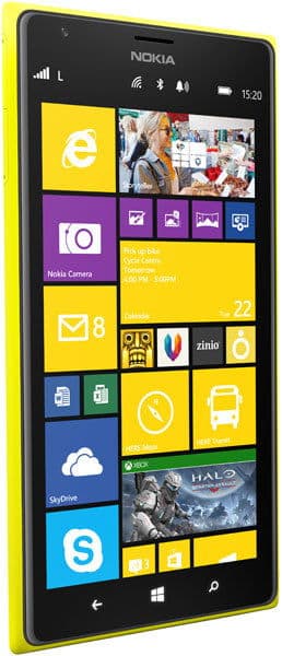 Nokia Lumia 1520 phone with yellow frame, displayed front-facing showing colorful tile interface with camera, email, maps, and other app icons