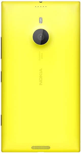 Nokia Lumia 1520 rear view, bright yellow back with large circular camera lens and speaker grille
