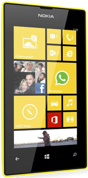 Front view of yellow Nokia Lumia 520 showing Windows Phone home screen with app tiles, on a white background.