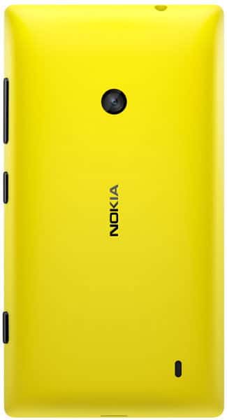 Rear view of yellow Nokia Lumia 520 showing centered camera, speaker grille bottom right, and vertical Nokia logo in the middle.