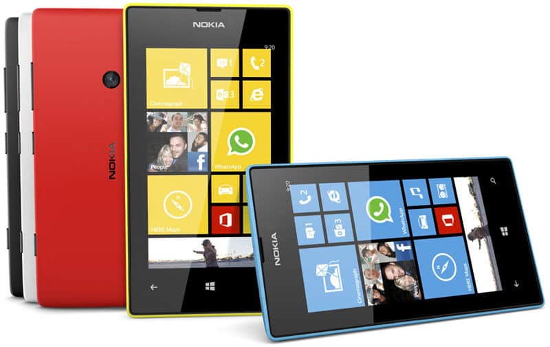 Three Nokia Lumia phones (520 included): front view upright, side angled, and rear view. Shown in red, yellow, and blue.