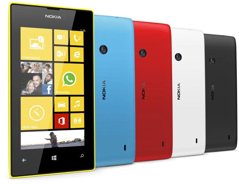 Nokia Lumia 520 shown from front with yellow frame; rear views in blue, red, white, and black highlight color choices.