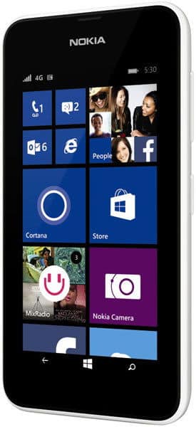 Front view of black Nokia Lumia 530 showing home screen with square app tiles and visible 4G and battery icons.