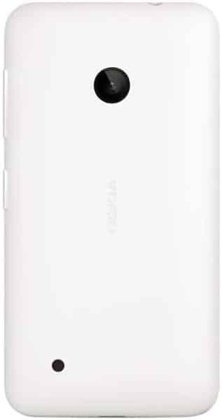 Rear view of white Nokia Lumia 530 shows single top-center camera, small lower-left opening, and faint central Nokia logo.