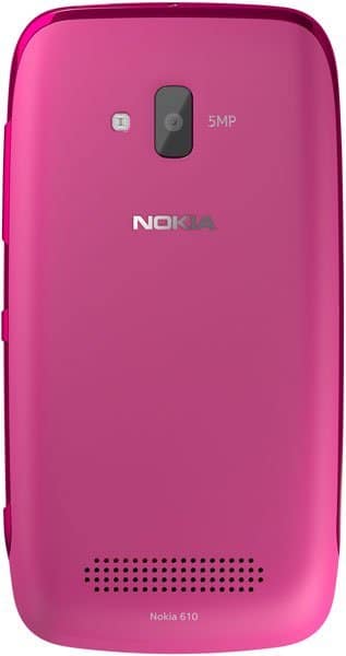 Nokia Lumia 610 rear view, bright pink with 5MP camera and speaker grille visible