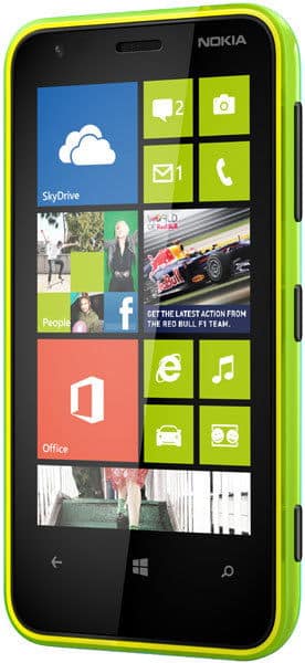 Nokia Lumia 620 front view, lime green phone displaying Windows home screen with colorful app tiles including SkyDrive, Office, and messaging apps