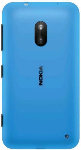 Nokia Lumia 620 rear view showing bright blue back panel with centered camera lens and Nokia branding