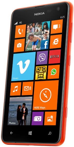 Nokia Lumia 625 front view, displaying colorful Windows Phone home screen with app tiles including People, Facebook, Vimeo, and Maps