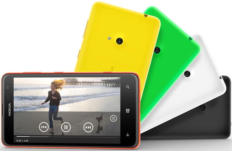 Nokia Lumia 625 smartphone displayed front and rear, showing orange front with beach video on screen and interchangeable yellow, green, white, and black back covers