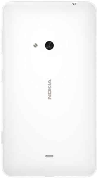 Nokia Lumia 625 rear view, white phone with camera lens and Nokia branding visible