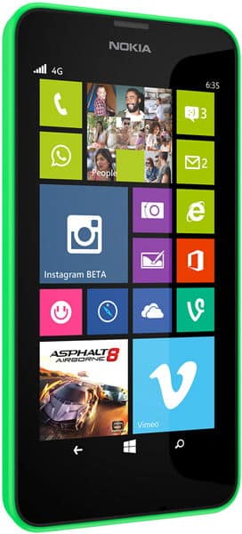 Nokia Lumia 635 front view, displaying colorful app tiles on screen with green edge, model number 635 visible at top