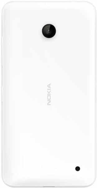 Nokia Lumia 635 rear view, white phone with black camera lens and speaker grille visible