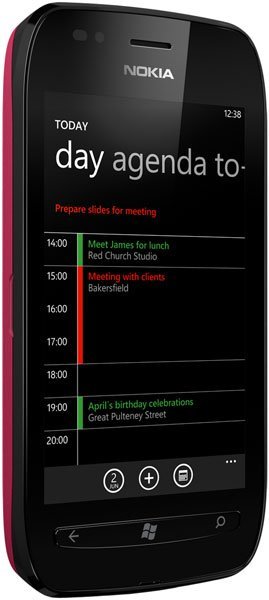 Nokia Lumia 710 front view displaying day agenda with scheduled events and time slots on screen