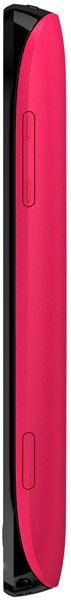 Nokia Lumia 710 phone, side view, displaying hot pink curved body with black top and bottom edges