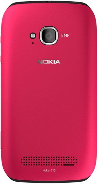 Nokia Lumia 710 rear view, bright pink, showing 5MP camera and speaker grille