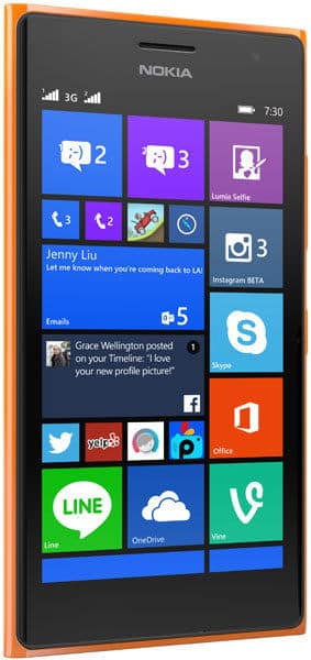 Front view of Nokia Lumia 730 with orange frame showing Windows Phone home screen and assorted app tiles.