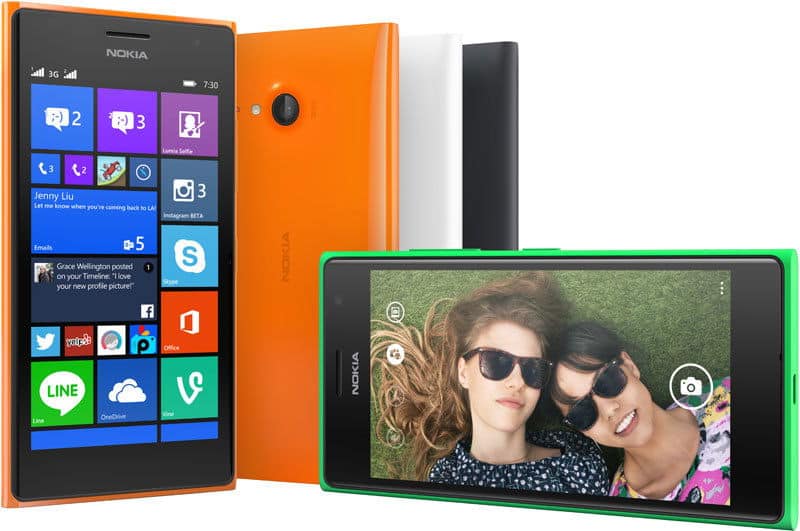 Front view of five Nokia Lumia phones, including Lumia 730 in various colors; screens show home and camera app interfaces.
