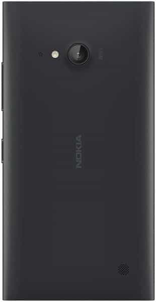 Rear view of black Nokia Lumia 730 showing camera, flash, speaker grille (bottom right), and centered vertical Nokia logo.