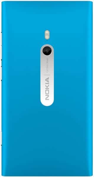 Rear view of blue Nokia Lumia 800 showing single camera, LED flash, and vertical silver strip with Nokia and Carl Zeiss branding.