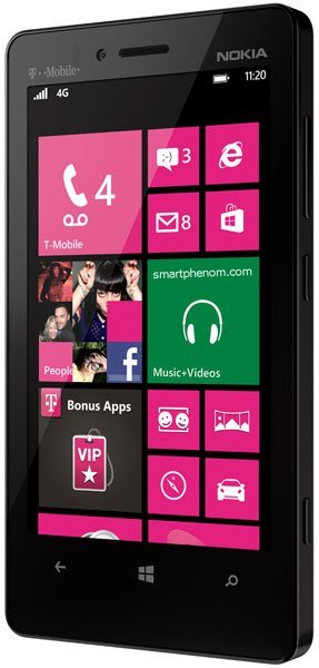 Nokia Lumia 810 front view displaying colorful tile interface with apps on black screen and T-Mobile branding