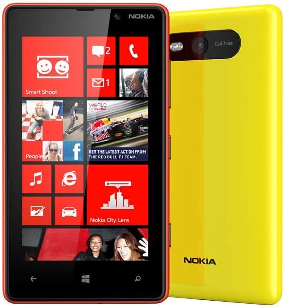 Nokia Lumia 820 front and rear view, yellow body with red accent, Windows Phone display showing app tiles