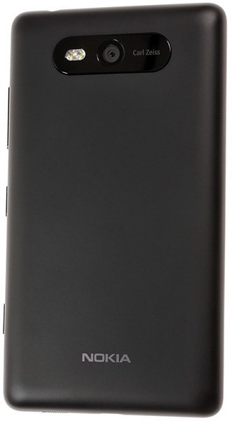 Nokia Lumia 820 rear view, black with Carl Zeiss camera and flash visible at top