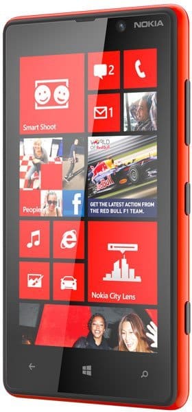 Nokia Lumia 820 front view, red smartphone with Windows Phone display showing app tiles including Smart Shoot, People, Music, and Nokia City Lens