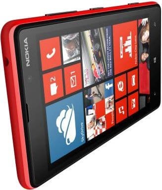 Nokia Lumia 820 red smartphone displayed at an angle, showing the front screen with Windows Phone tiles and home screen interface