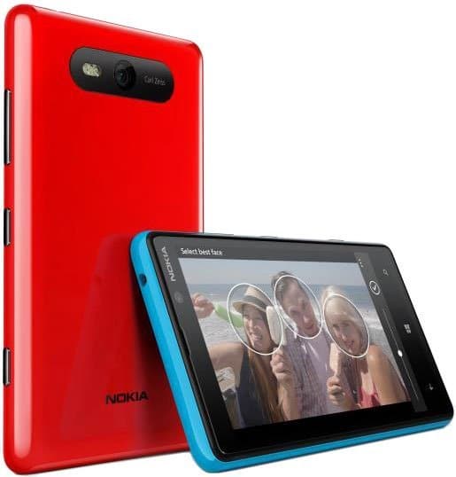 Nokia Lumia 820 in red and cyan, showing rear and front views with camera and display screen visible