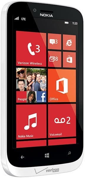 Nokia Lumia 822 front view, white and black smartphone with red Windows Phone home screen displaying app tiles