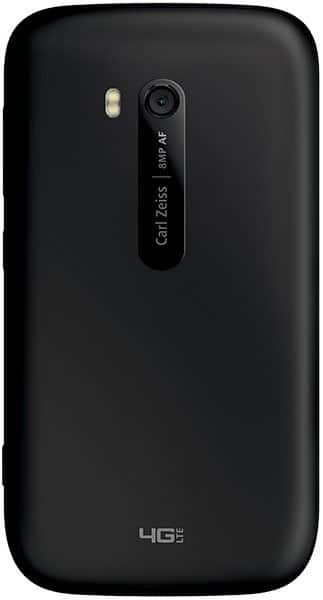 Nokia Lumia 822 rear view, black phone showing camera, flash, and Carl Zeiss branding