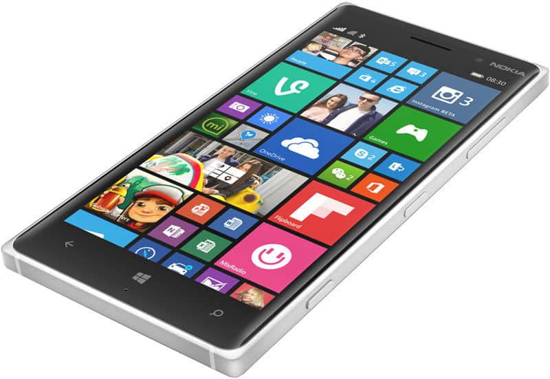 Nokia Lumia 830 front view with colorful Windows Phone tiles on screen, silver edges, black face
