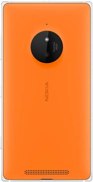 Nokia Lumia 830 rear view, bright orange back with large circular camera lens and speaker grille