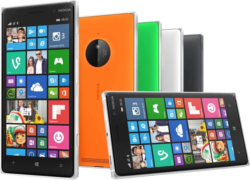 Nokia Lumia 830 displayed from front, rear, and side angles showing colorful tile interface and orange, green, white, and black color options