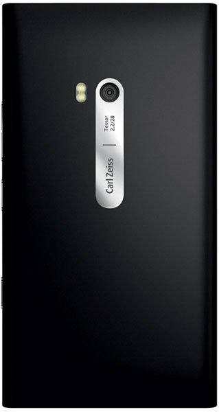 Nokia Lumia 900 rear view, showing black back panel with white camera module and Carl Zeiss branding