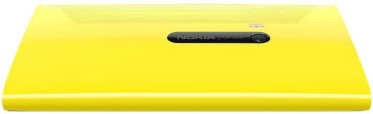 Rear view of yellow Nokia Lumia 920 showing black camera module with lens, flash, and "Nokia" branding beside the camera.