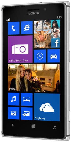 Nokia Lumia 925 front view displaying home screen with blue tile apps including Phone, Internet Explorer, Camera, Facebook, Photos, Music, and SkyDrive