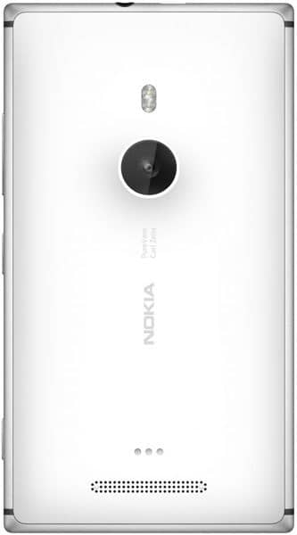 Nokia Lumia 925 rear view, white back with large circular camera lens and Nokia branding