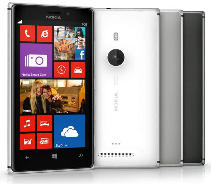 Nokia Lumia 925 front and rear views showing Windows Phone home screen with colorful app tiles and white back panel with camera