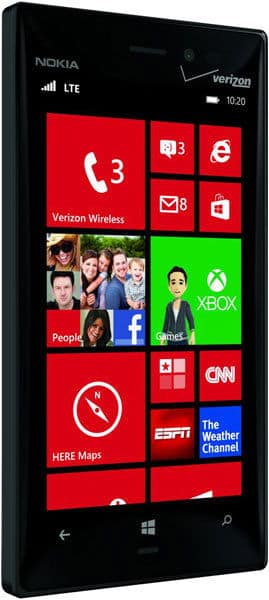 Nokia Lumia 928 front view, displaying Windows Phone home screen with red and green tiles for apps including Verizon, People, Facebook, Games, HERE Maps, ESPN, and CNN
