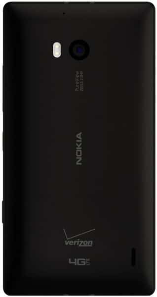 Nokia Lumia Icon rear view, black, showing camera lens, flash, and Verizon 4G LTE branding