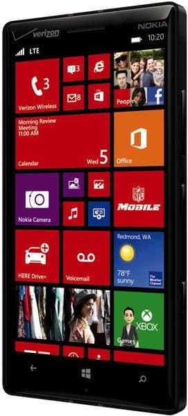 Nokia Lumia Icon smartphone displaying home screen with colorful app tiles in red, orange, purple, and green on Windows Phone interface